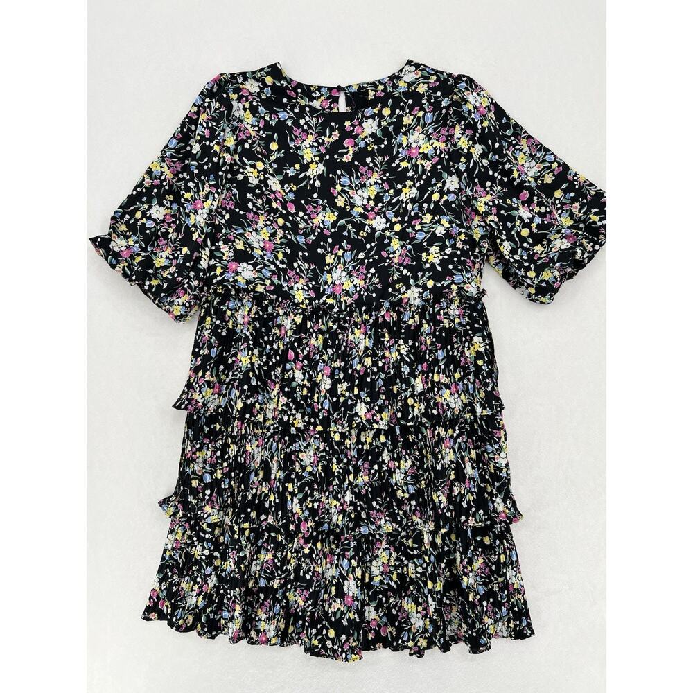 Code Mode Black Floral Tiered Mini Dress Medium Ruffle Sleeve